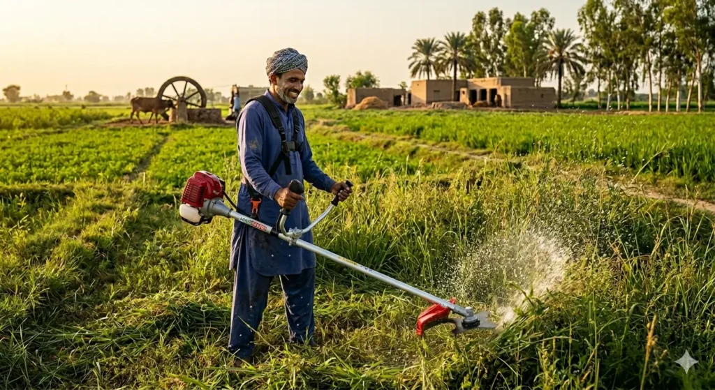 Honda BrushCutter being used by a farmer in a Punjab field, original 4-stroke grass cutting machine price in Pakistan.