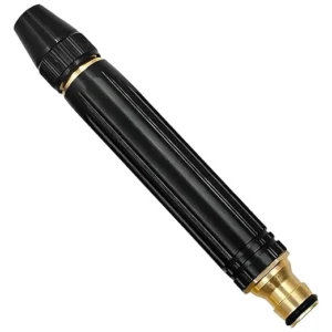 Solid brass water pressure nozzle attached to a garden hose
